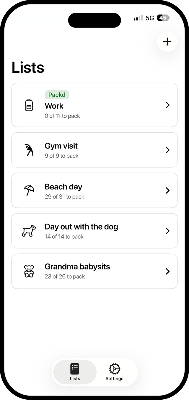 Packd app on iPhone showing the Lists screen with Work, Gym visit, Beach day, Day out with the dog, and Grandma babysits.